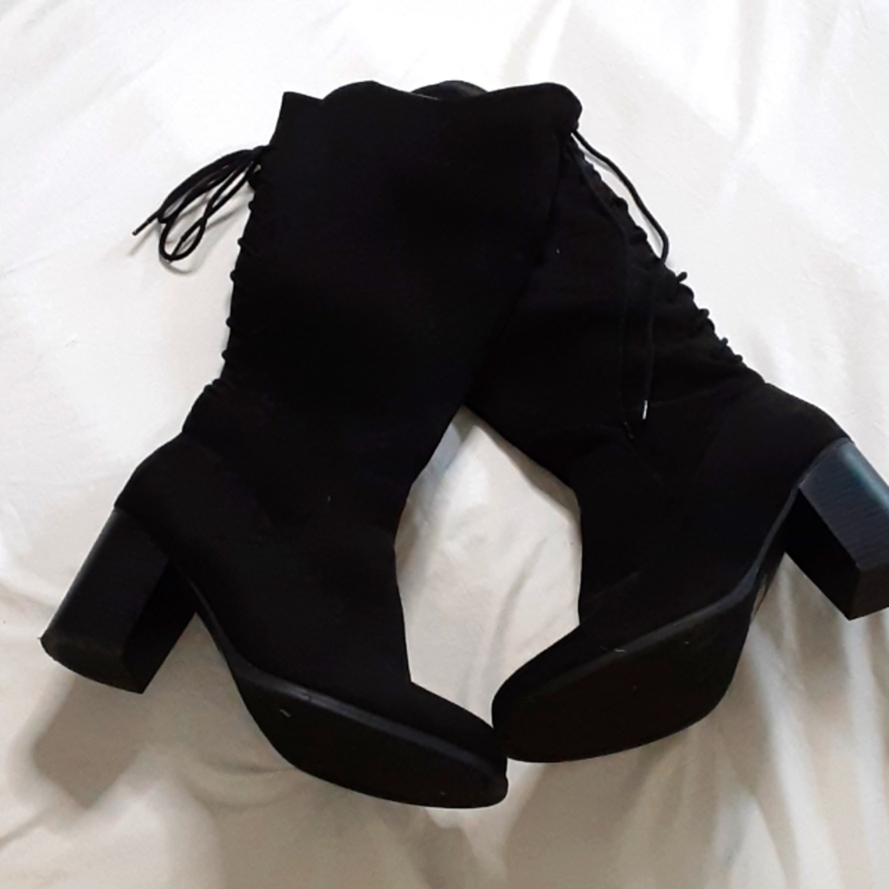 Black knee high stack heel boots